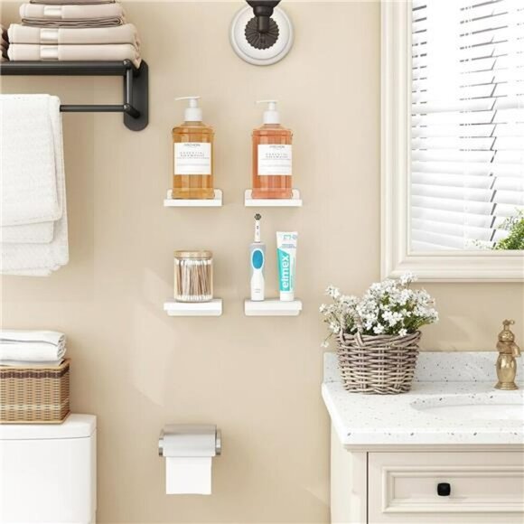 White Floating Wall Shelves Set of 4 Small Wood Shelf for Bedroom Bathroom - Picture 7 of 8